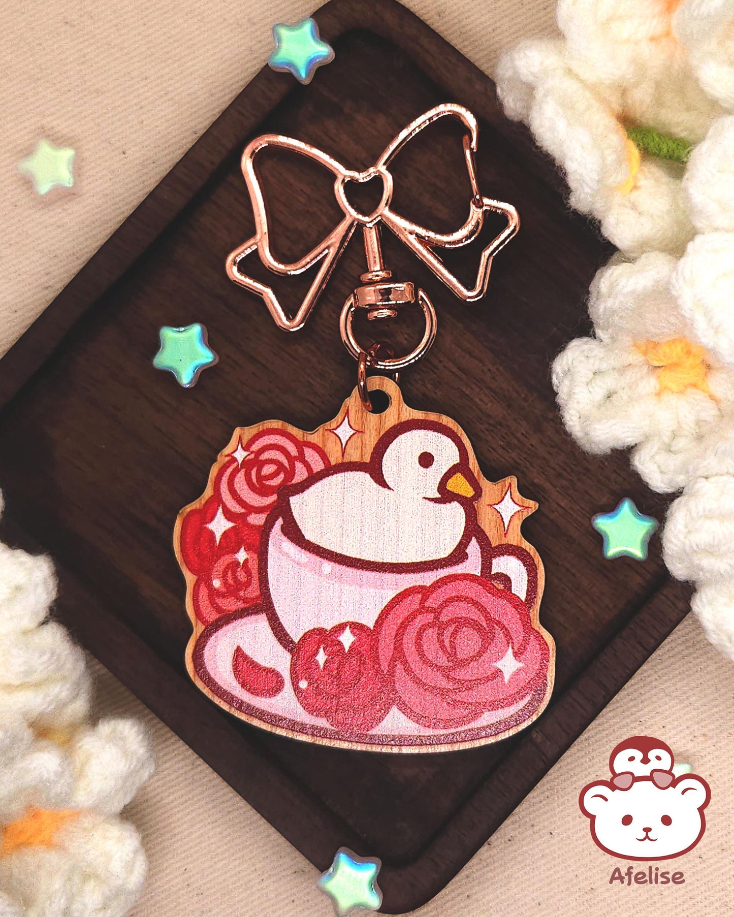 Flower Tea with Ducks Wooden Keychains