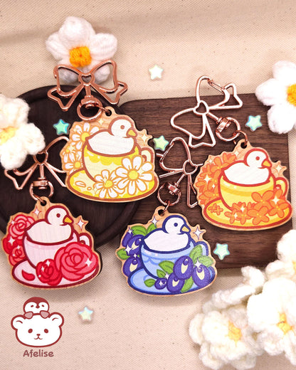 Flower Tea with Ducks Wooden Keychains