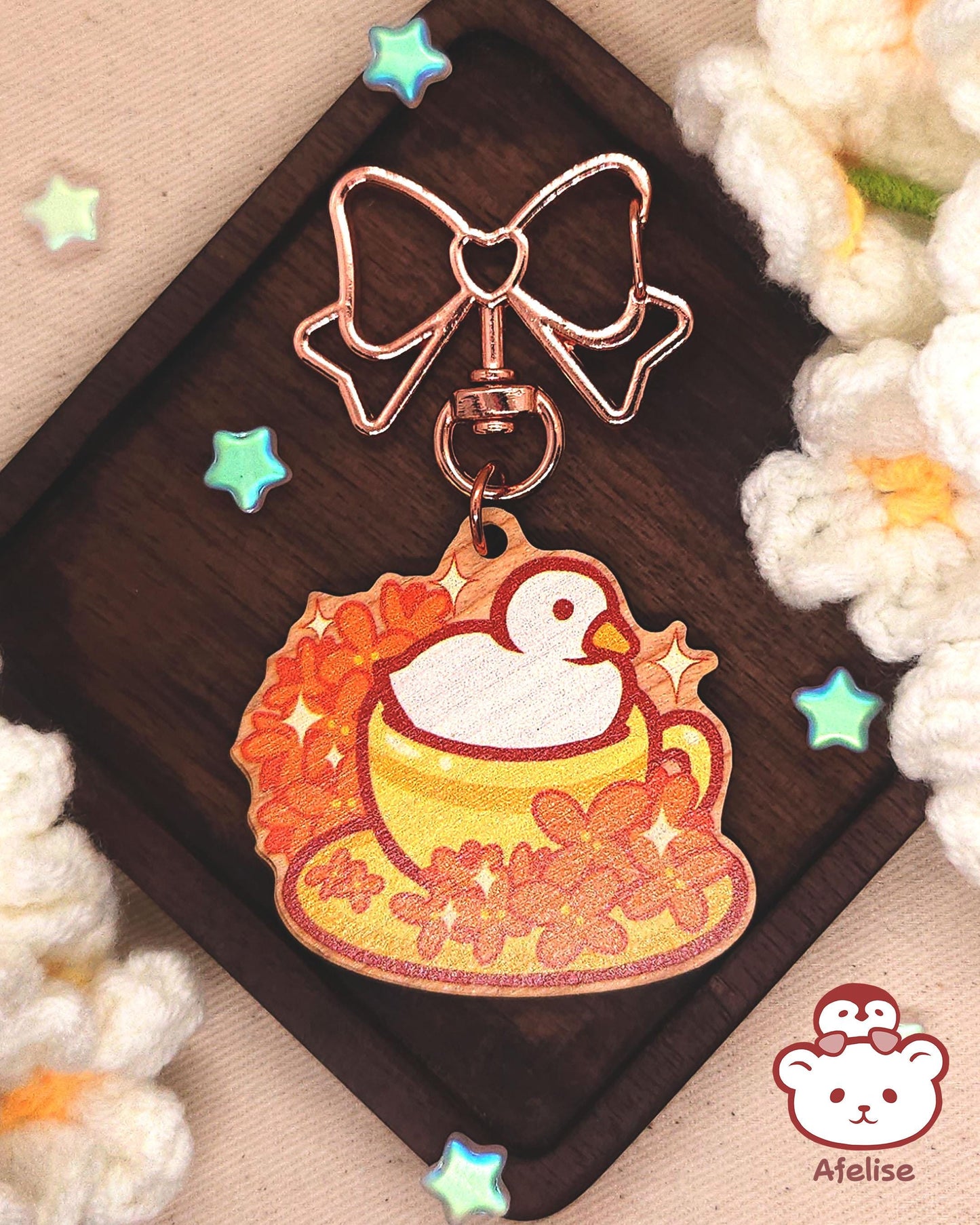 Flower Tea with Ducks Wooden Keychains