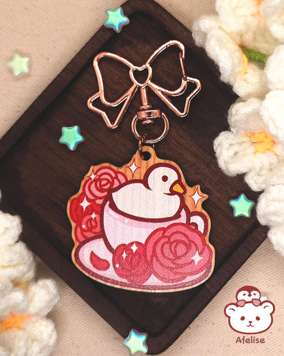 Flower Tea with Ducks Wooden Keychains