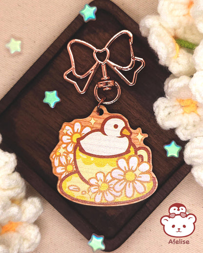 Flower Tea with Ducks Wooden Keychains