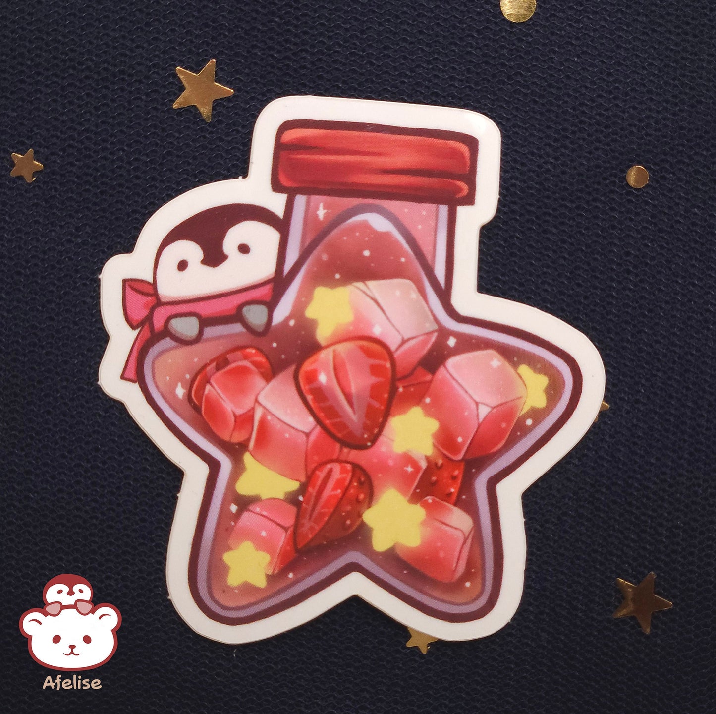 Sticker of a penguin holding a bottle with strawberry jelly on a dark background