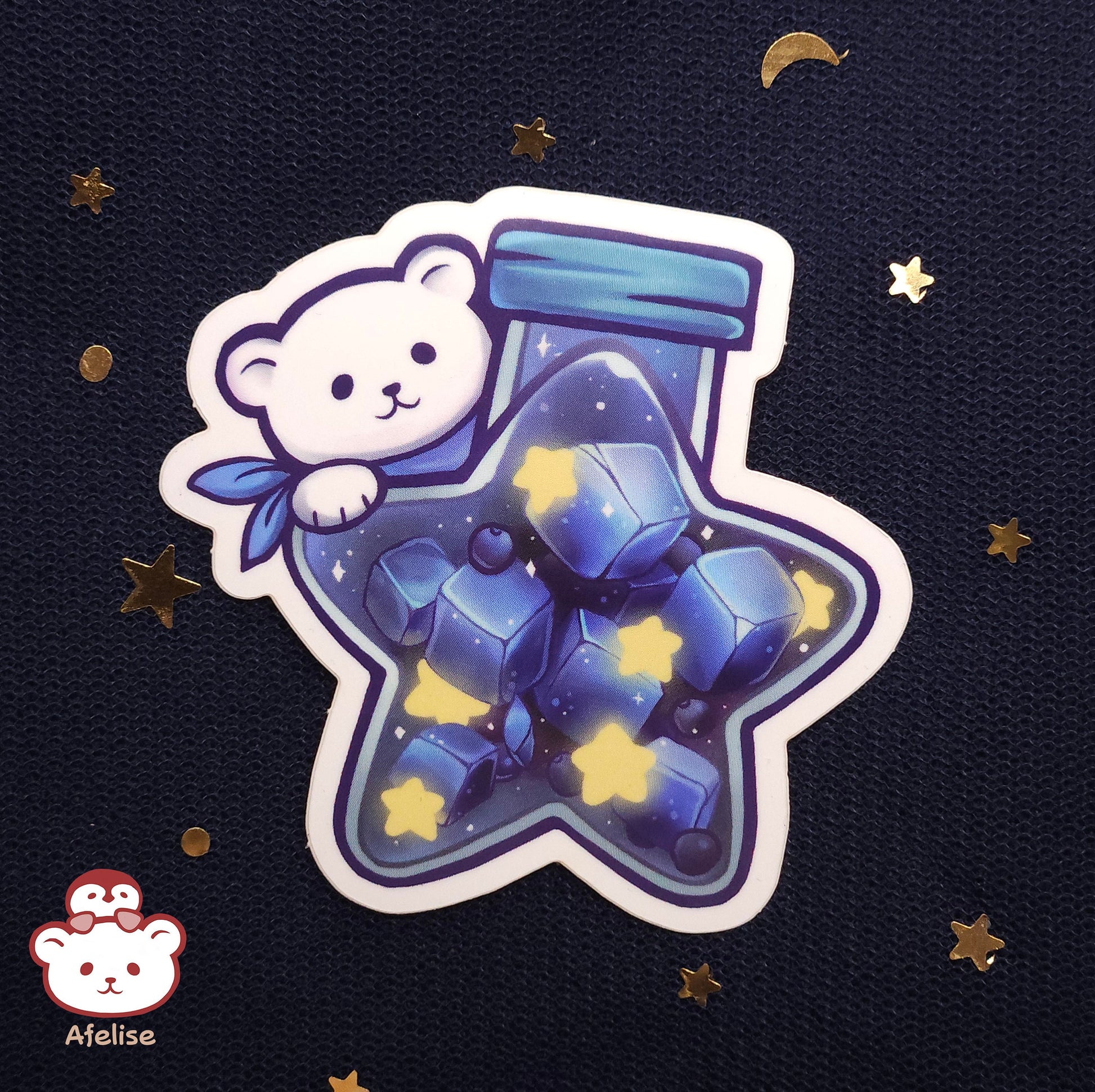 Sticker of a bear with a blue star-shaped bottle on a dark background with stars.