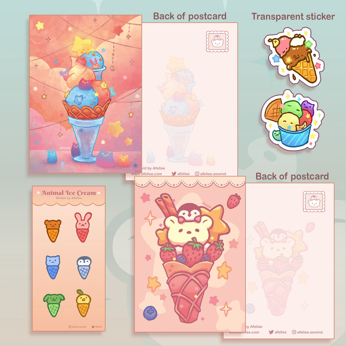 A pastel kawaii stationery set featuring illustrated postcards and transparent stickers with cute ice cream characters. The set includes multiple postcard designs with colorful ice cream cones, strawberries, and stars, along with two transparent stickers showing cartoon ice cream flavors.